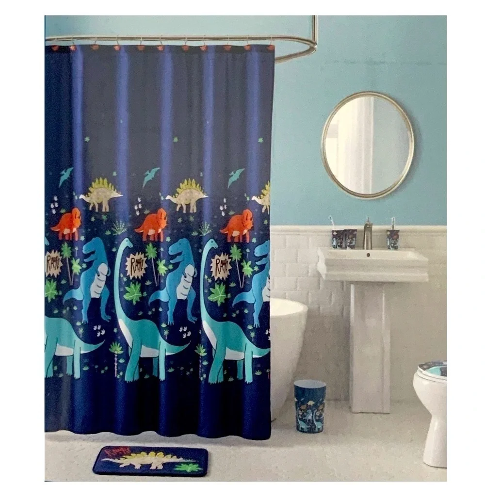 Matt & Maddie Dinosaur Fabric Shower Curtain 70 X 72 In Dark Blue Multicolor